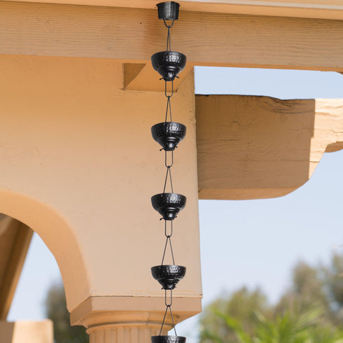 Aluminum Eastern Hammered Cup Rain Chain Replacement Downspout for Gutters, Matte Black
